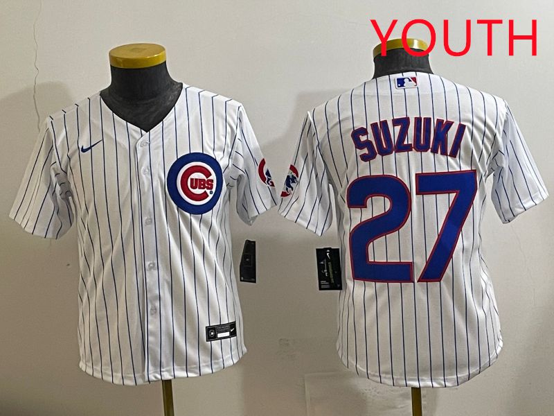 Youth 2025 Chicago Cubs #27 Suzuki White Stripe Game Nike MLB Jersey style 1->youth mlb jersey->Youth Jersey